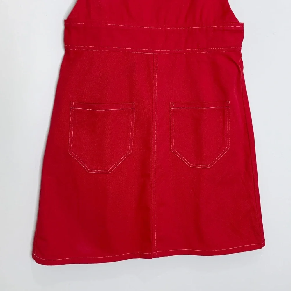 Lykke Wullf Anita Overall Mini Dress (Sz M) A-Line Patch Pocket Red Twill Cotton - Picture 8 of 16